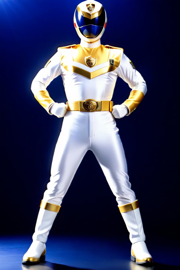 A solo Super Sentai hero in a bold white and navy costume and gold line color stands proudly against a simple, dark blue background. The lighting is dramatic, with a bright spotlight highlighting the hero's confident pose. In the foreground, a sleek police car and flashing sirens add to the action-packed atmosphere, symbolizing the hero's law enforcement theme.,dekaranger