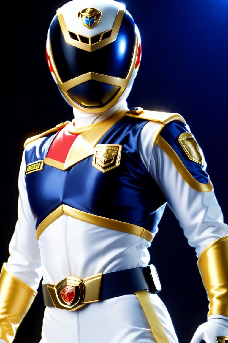 A solo Super Sentai hero in a bold white and navy costume and gold line color stands proudly against a simple, dark blue background. The lighting is dramatic, with a bright spotlight highlighting the hero's confident pose. In the foreground, a sleek police car and flashing sirens add to the action-packed atmosphere, symbolizing the hero's law enforcement theme.,dekaranger