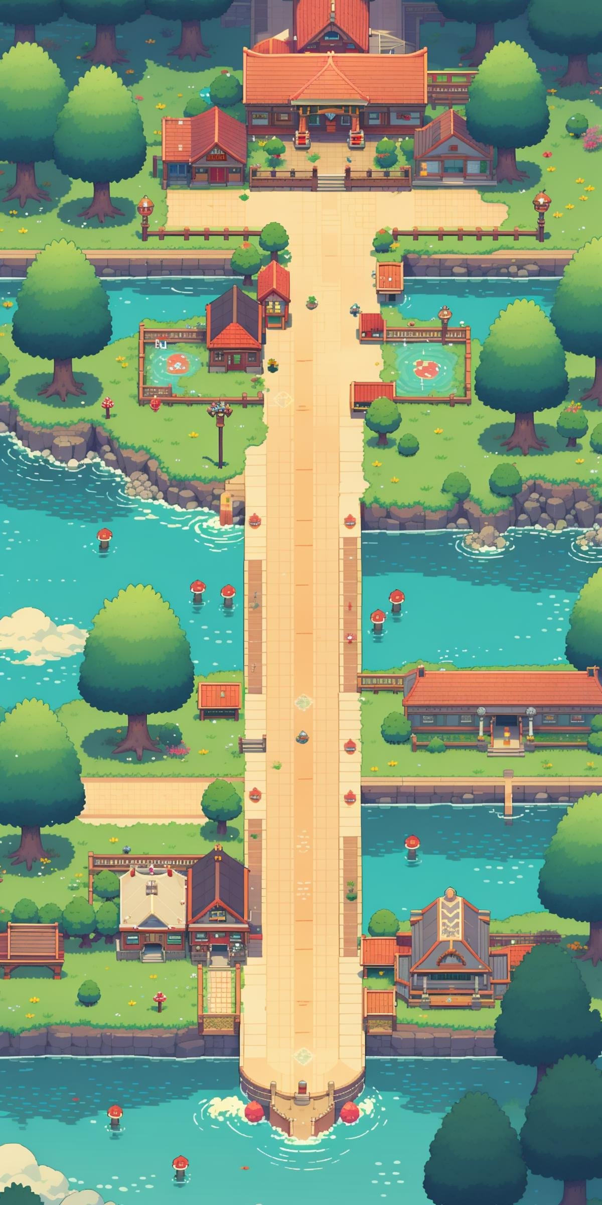 <lora:竖版游戏像素场景-000009:0.75>,HEZI, game scene, pixel style, vertical game interface, European and American game style, tree, water, stairs, scenery, building, house, plant, bridge, outdoors, from above, pokemon \(creature\)