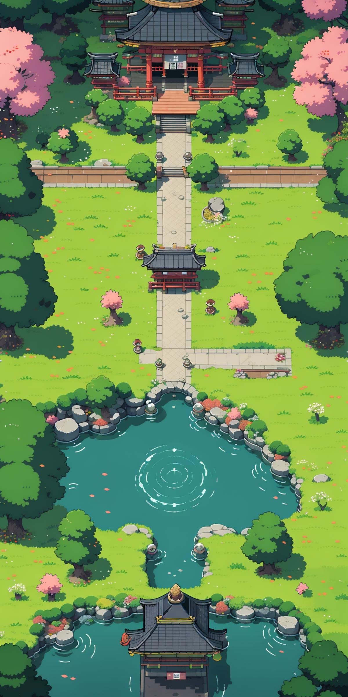 <lora:竖版游戏像素场景-000009:0.75>,HEZI,game scene,pixel style,vertical game interface,European and American game style,tree,east asian architecture,grass,architecture,bush,outdoors,scenery,from above,pokemon \(creature\),no humans,stone lantern,pond,water,building,day,