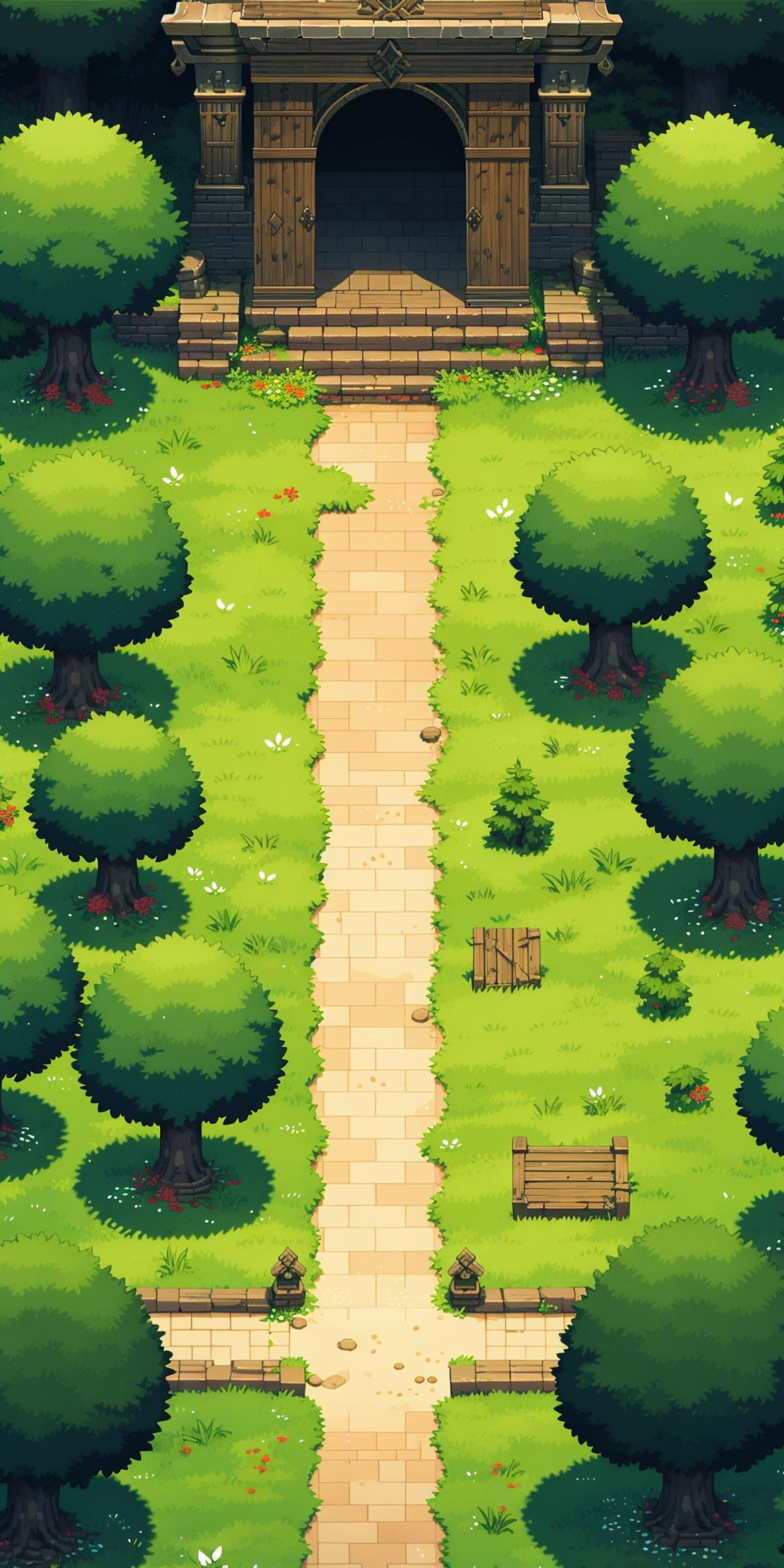 <lora:竖版游戏像素场景-000009:0.65>,HEZI, game scene, pixel style, vertical game interface, European and American game style, scenery, no humans, fantasy, stairs, nature, tree, door, plant, forest, outdoors