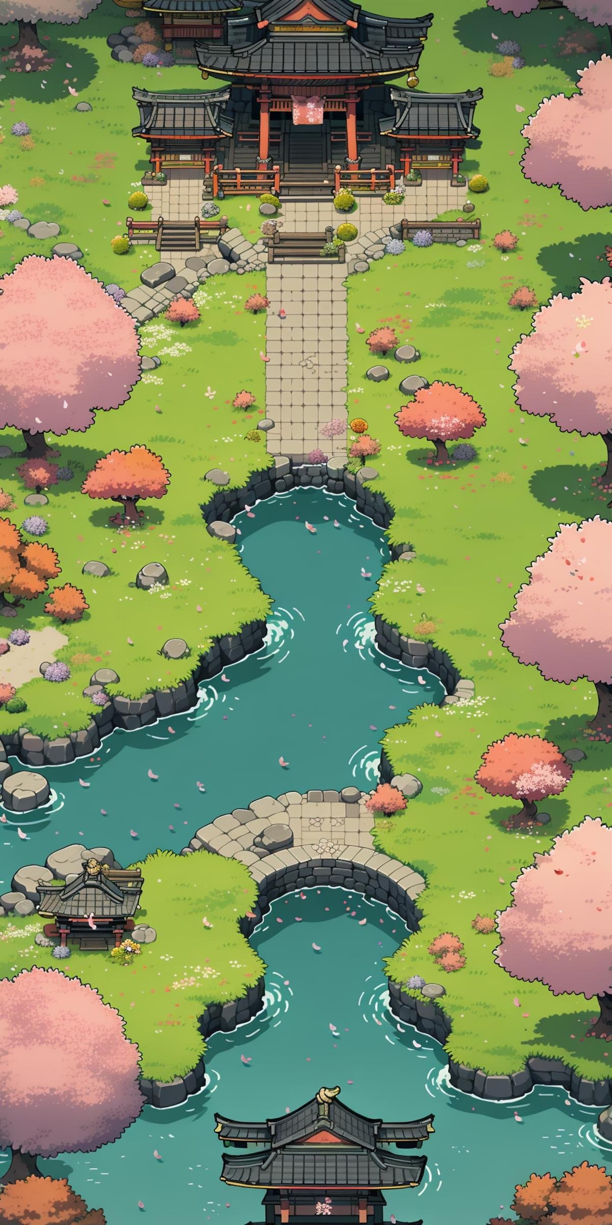 <lora:竖版游戏像素场景-000009:0.75>,HEZI,game scene,pixel style,vertical game interface,European and American game style,no humans,scenery,architecture,east asian architecture,pond,outdoors,tree,water,grass,bridge,cherry blossoms,petals,river,rock,bush,stone lantern,flower,