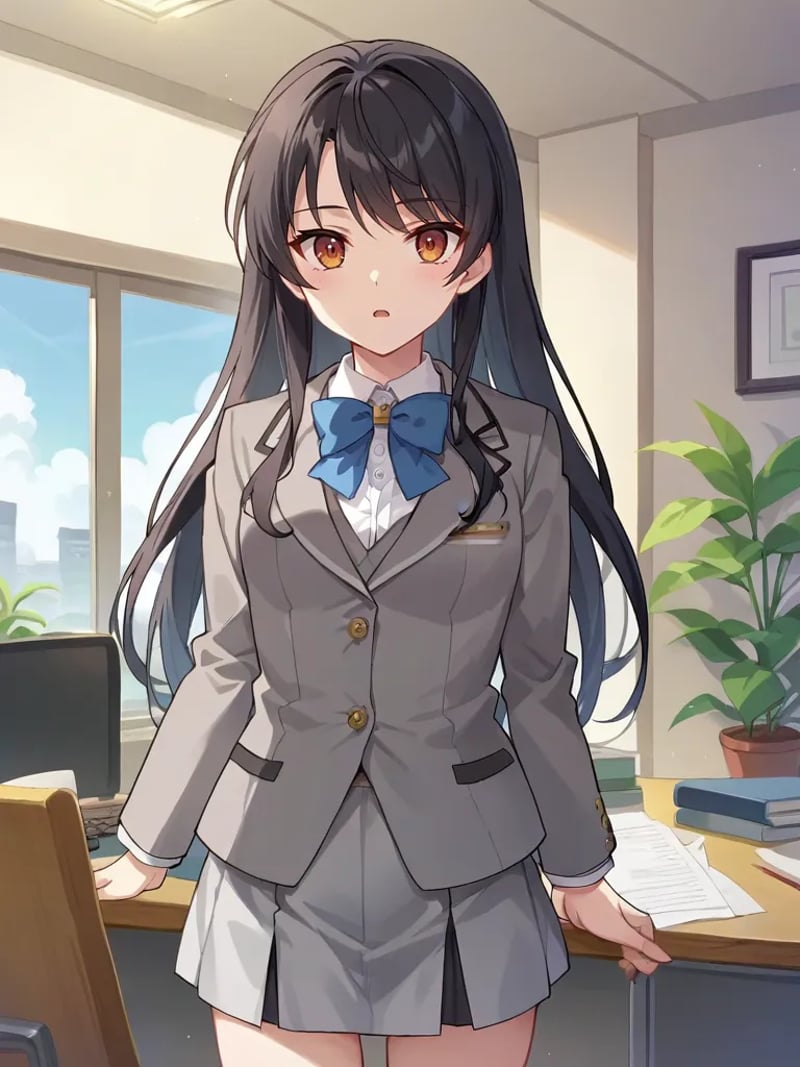 rating_safe, score_9, score_8_up, score_7_up, source_anime, 2d, anime_screencap <lora:miuazaleapony:1>,1girl, solo, miuazaleastar, black hair, long hair, brown eyes, grey blazer, blue bow, grey skirt, miniskirt, indoors, office, standing, parted lips, cowboy shot, looking at viewer