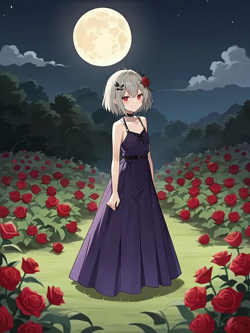 rating_safe, score_9, score_8_up, score_7_up, source_anime, 2d, anime_screencap <lora:evilshirleyponyvera:1>,1girl, solo, evilshirley, grey hair, short hair, red eyes, hair ornament, choker, purple dress, long dress, sleeveless, outdoors, night, moon, flower field, roses, vines, standing, looking at viewer, smirk