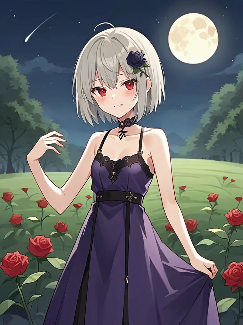 rating_safe, score_9, score_8_up, score_7_up, source_anime, 2d, anime_screencap <lora:evilshirleyponyvera:1>,1girl, solo, evilshirley, grey hair, short hair, red eyes, hair ornament, choker, purple dress, long dress, sleeveless, outdoors, night, moon, flower field, roses, vines, standing, looking at viewer, smirk