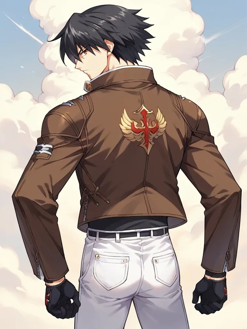 score_9, score_8_up, score_7_up, source_anime, <lora:Magami_Yuuji_-_Only_You_-Re_Cross-__Only_you_-リクルス-:1>,1boy, solo, black hair, short hair, red eyes, brown jacket, emblem, black shirt, white pants, black gloves, standing, from behind, looking at viewer, serious