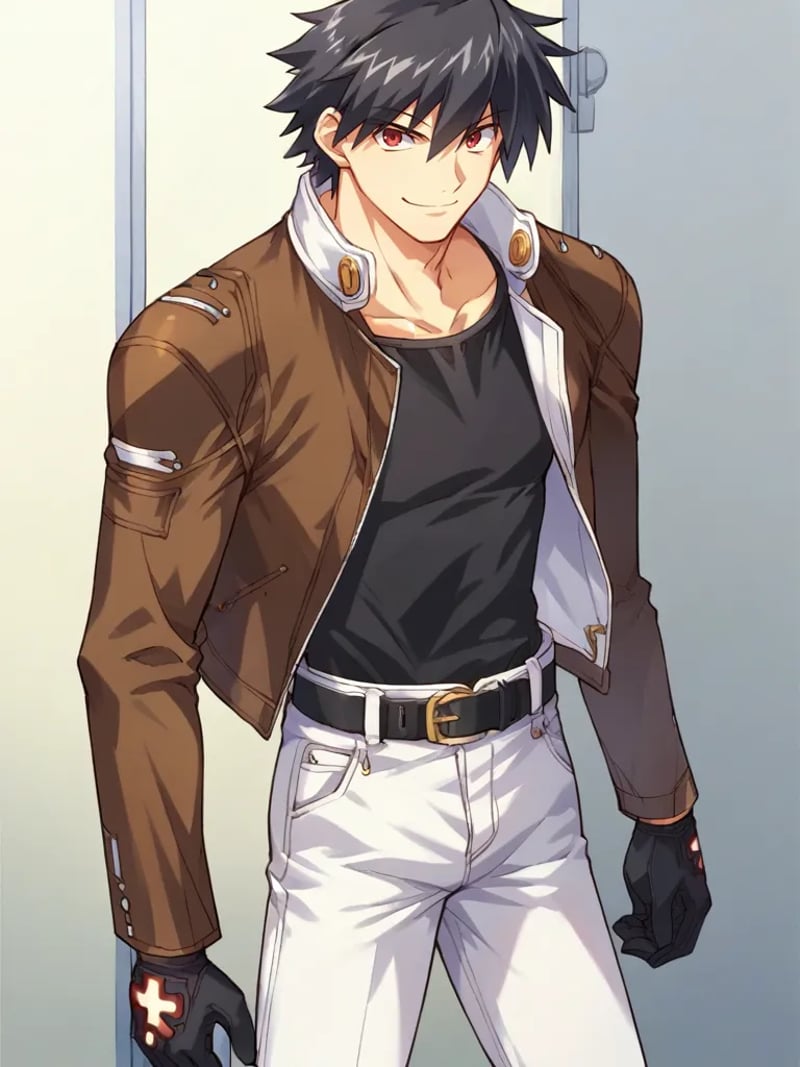 score_9, score_8_up, score_7_up, source_anime, <lora:Magami_Yuuji_-_Only_You_-Re_Cross-__Only_you_-リクルス-:1>,1boy, solo, black hair, red eyes, brown jacket, open clothes, black shirt, belt, white pants, black gloves, standing, smile, closed mouth,