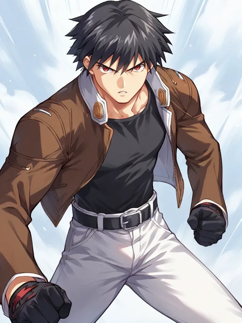 score_9, score_8_up, score_7_up, source_anime, <lora:Magami_Yuuji_-_Only_You_-Re_Cross-__Only_you_-リクルス-:1>,1boy, solo, black hair, short hair, red eyes, brown jacket, open clothes, black shirt, white pants, black gloves, belt, standing, serious, fight stance, parted lips