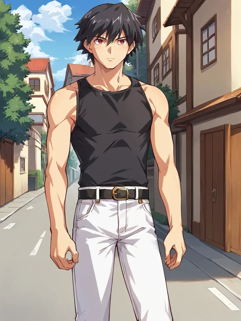 score_9, score_8_up, score_7_up, source_anime, <lora:Magami_Yuuji_-_Only_You_-Re_Cross-__Only_you_-リクルス-:1>,1boy, solo, black hair, short hair, red eyes,  black shirt, sleeveless, white pants,belt, standing, outdoors, street, house