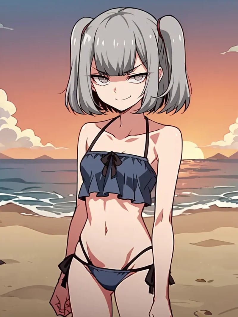 score_9, score_8_up, score_7_up, source_anime, 2D, flat colors, flat shadows, anime_screencap, <lora:marygolandpony:1>,1girl, solo, meirisenhime, grey hair, twintails, grey eyes, dark blue bikini, outdoors, beach, sunset, confident smirk