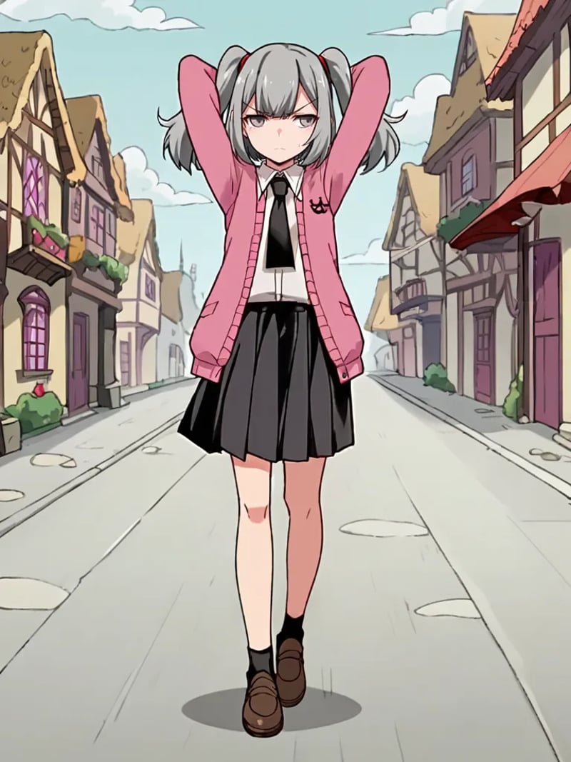 score_9, score_8_up, score_7_up, source_anime, 2D, flat colors, flat shadows, anime_screencap, <lora:marygolandpony:1>,1girl, meirisenhime, grey hair, twintails, grey eyes, pink cardigan, white shirty, black necktie, black skirt, school uniform,  arms behind head, walking, isekai, fantasy village, looking away