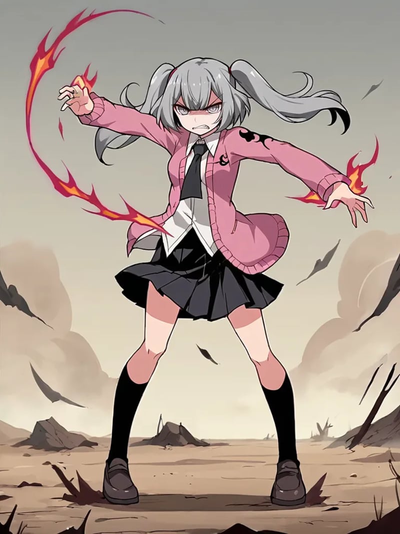 score_9, score_8_up, score_7_up, source_anime, 2D, flat colors, flat shadows, anime_screencap, <lora:marygolandpony:1>,1girl, solo, meirisenhime, grey hair, twintails, grey eyes, pink cardigan, white shirty, black necktie, black skirt, school uniform,  standing, serious, desert, wasteland, underworld, hell, purple flames, aura, dark aura, magic, dynamic pose, clenching teeth