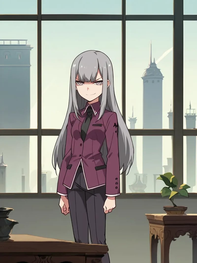 score_9, score_8_up, score_7_up, source_anime, 2D, flat colors, flat shadows, anime_screencap, <lora:marygolandpony:1>,1girl, meirisenhime, grey hair, long hair, hair down, grey eyes, purple business suit, standing, table, smirk, indoors, window, cityscape