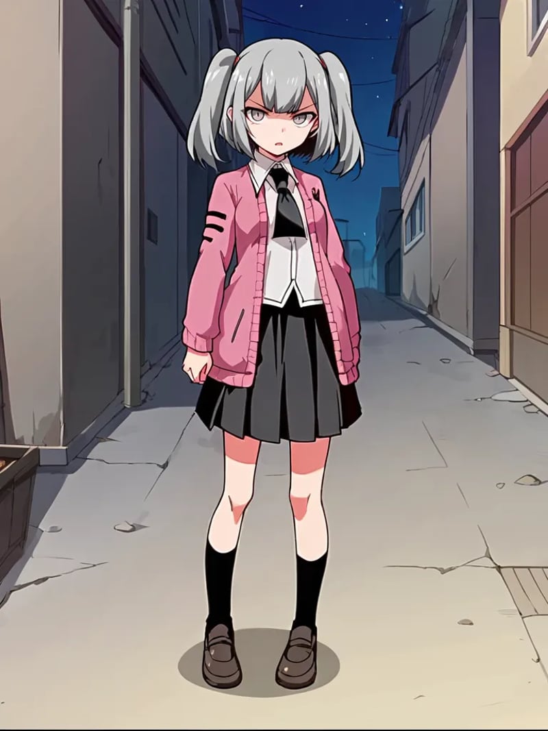 score_9, score_8_up, score_7_up, source_anime, 2D, flat colors, flat shadows, anime_screencap, <lora:marygolandpony:1>,1girl, solo, meirisenhime, grey hair, twintails, grey eyes, pink cardigan, white shirty, black necktie, black skirt, school uniform, shoes, standing, serious, outdoors, alley, night, open mouth