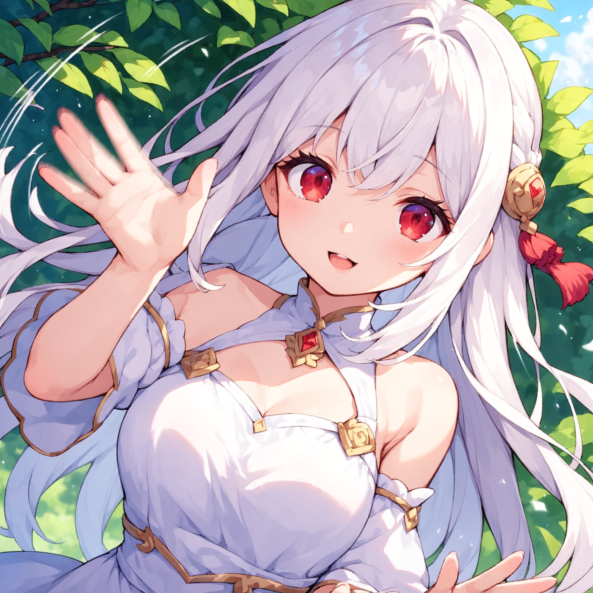 white hair girl, red eyes, vivid detail, beautiful, cute, stunning, beautiful clothes, waving hand,Afterimage,Motion lines,Motion Blur,source_anime, score_7_up, score_8_up, score_9_up