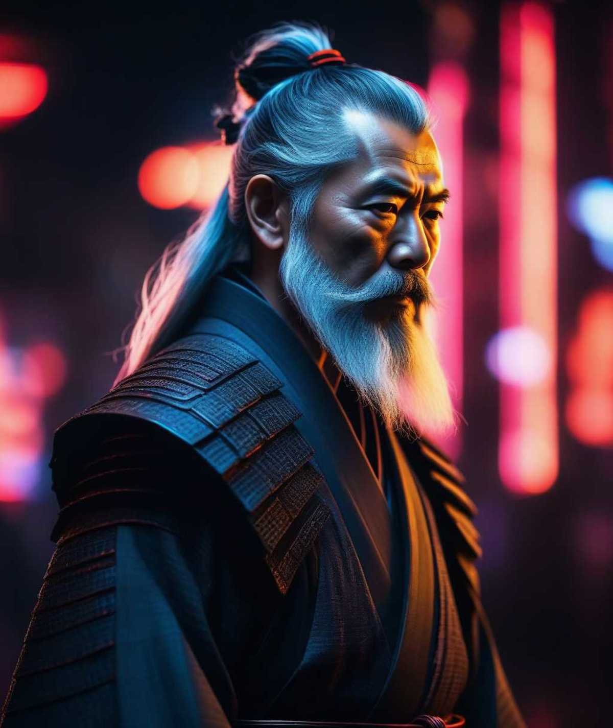 old samurai in the future, long gray detailed beard, samurai suit, neon light, cinematic, detailed skin, dynamic photo, bokeh