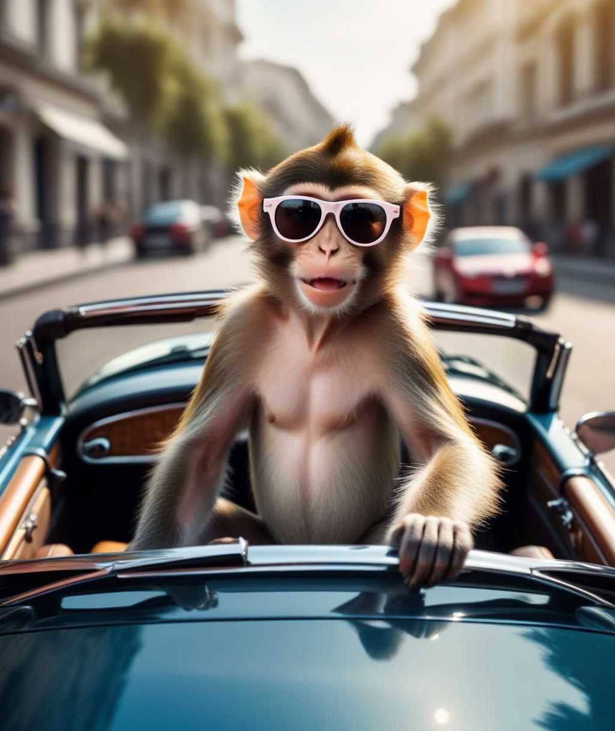 anthropomorphic funny monkey in sunglasses riding a cabriolet on the street, realism, day