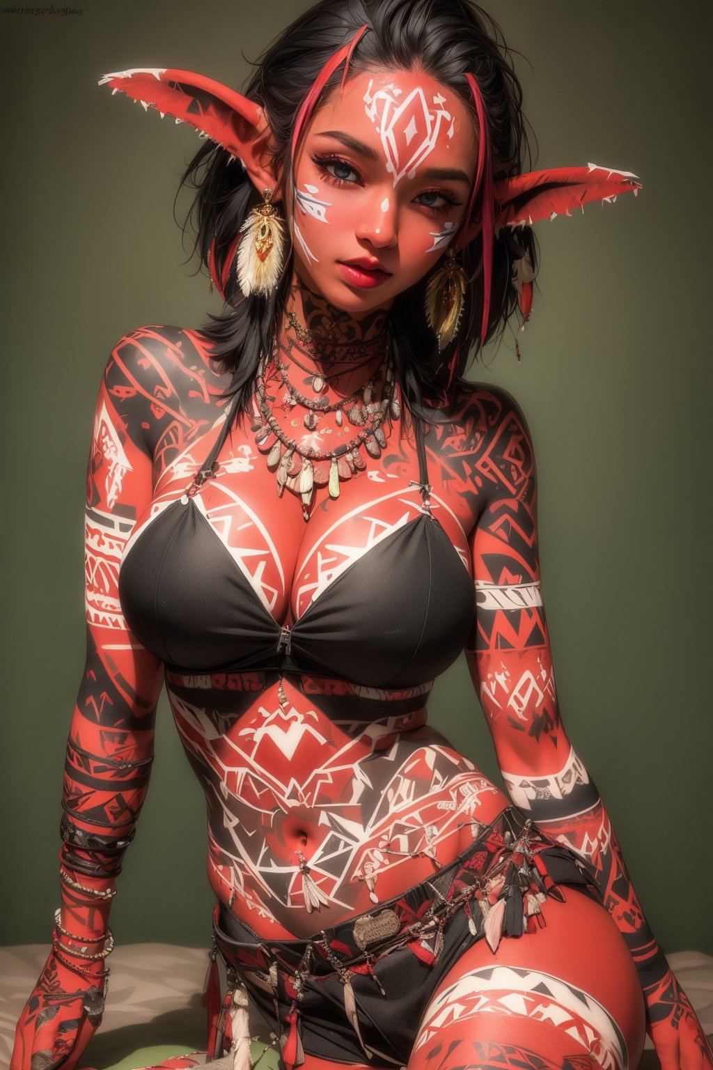 busty and sexy girl, 8k, masterpiece, ultra-realistic, best quality, high resolution, high definition, goblin, colored skin, colored eyes, sexy tribal clothings, teeth-necklace, body tatoo, face tatoo, arm tatoo, leg tatoo, feather errings