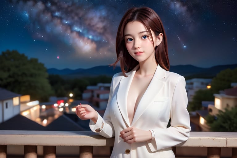 masterpiece, best quality, 1 girl, solo, ((an extremely delicate and beautiful)),school uniform, italian girl ,age 18, milky white skin,beautiful detailed eyes, at night , beautiful starry sky,Provocative,Fashionista ,Wonder of Art and Beauty,NDP