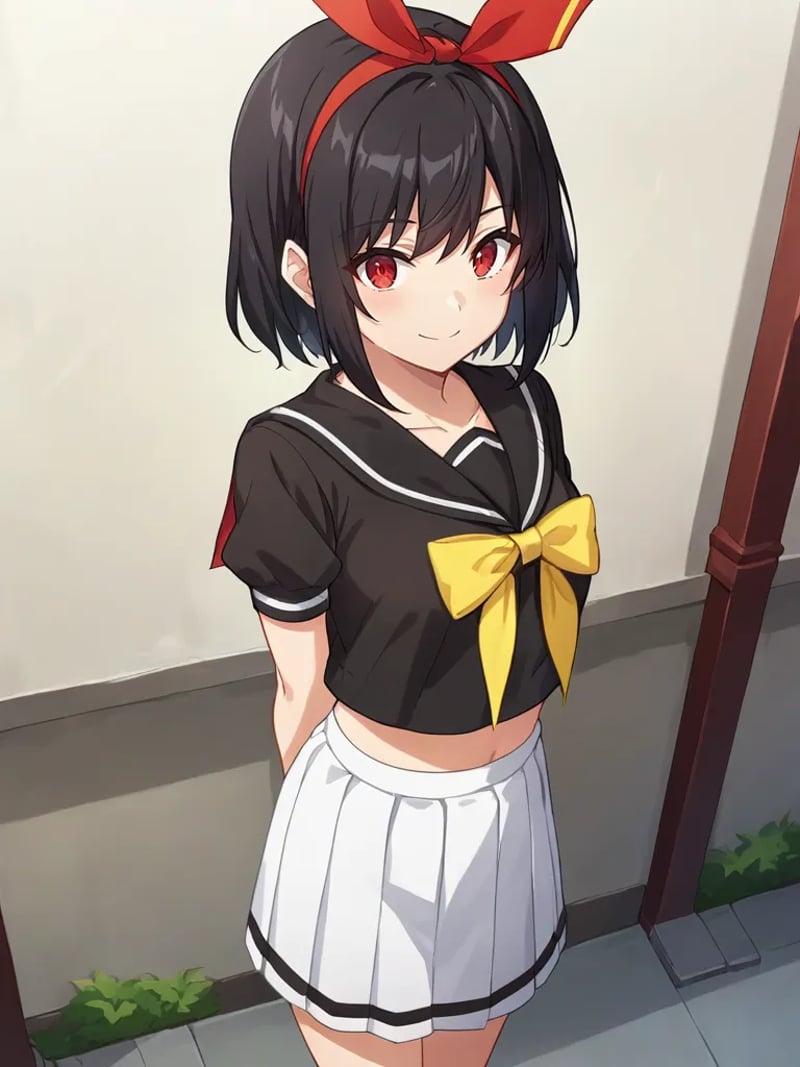 rating_safe, score_9, score_8_up, score_7_up, source_anime, 2d, anime_screencap <lora:nagisasupersplendorpony:1>,1girl, solo, nagisassplendor, black hair, short hair, red eyes, hairband, hair ribbon, black shirt, short sleeves, yellow bow, serafuku, midriff, white skirt, outdoors, standing, arms behind back, from above, pov, smile,