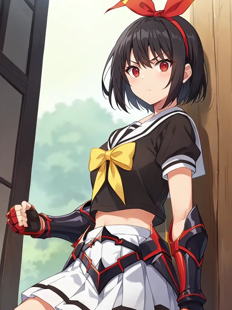 rating_safe, score_9, score_8_up, score_7_up, source_anime, 2d, anime_screencap <lora:nagisasupersplendorpony:1>,1girl, solo, nagisassplendor, black hair, short hair, red eyes, hairband, hair ribbon, black shirt, short sleeves, yellow bow, serafuku, midriff, white skirt, fingerless gloves, gauntlets, armored boots, standing, serious,