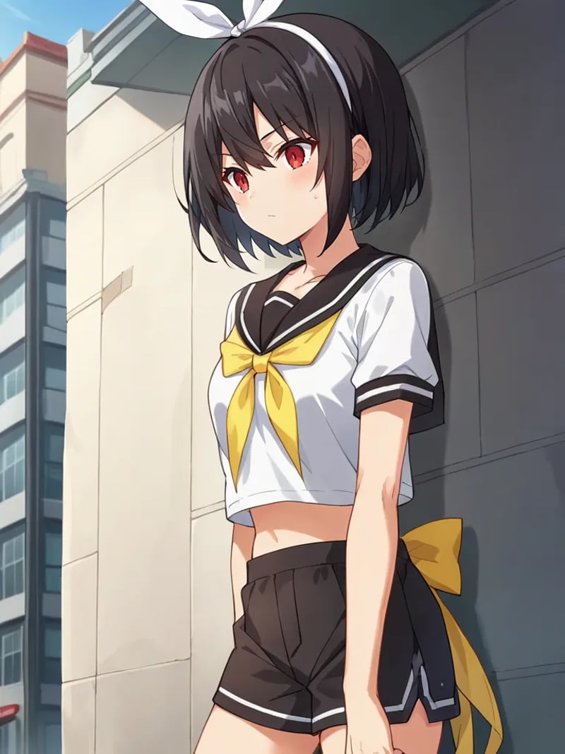 rating_safe, score_9, score_8_up, score_7_up, source_anime, 2d, anime_screencap <lora:nagisasupersplendorpony:1>,1girl, solo, nagisassplendor, black hair, short hair, red eyes, white hairband, hair ribbon, white shirt, short sleeves, detached black sleeves, yellow bow, serafuku, midriff, black shorts, outdoors, city, standing