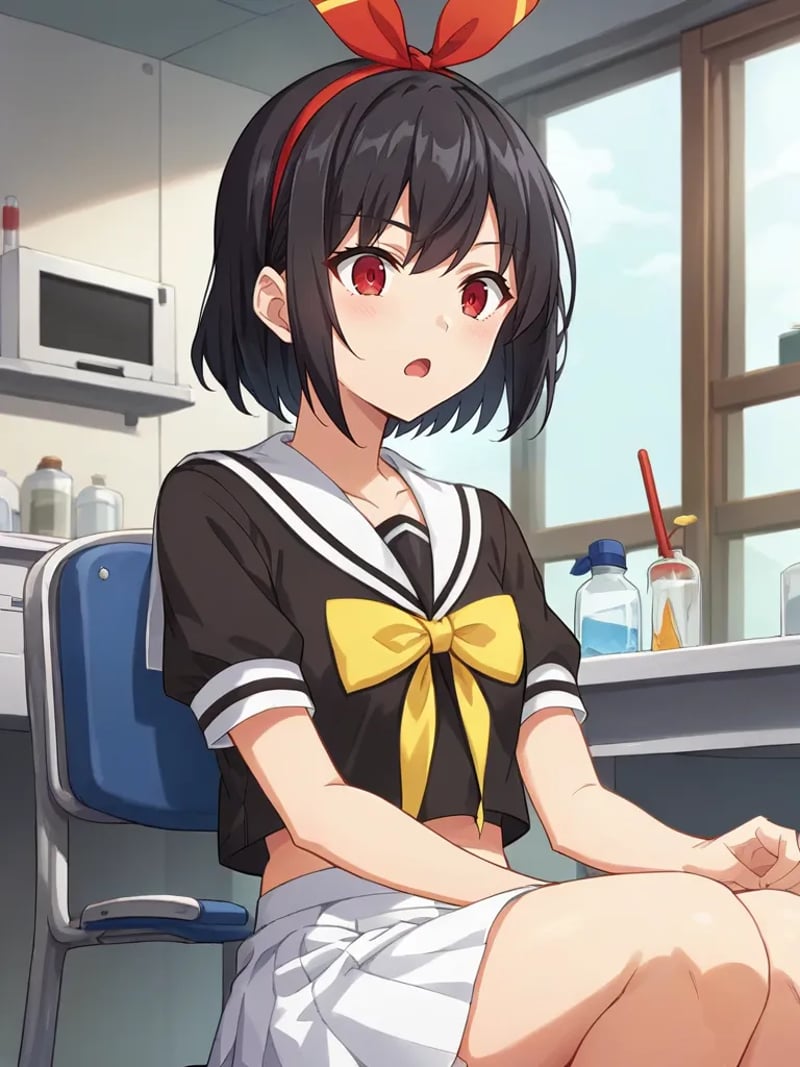 rating_safe, score_9, score_8_up, score_7_up, source_anime, 2d, anime_screencap <lora:nagisasupersplendorpony:1>,1girl, solo, nagisassplendor, black hair, short hair, red eyes, hairband, hair ribbon, black shirt, short sleeves, yellow bow, serafuku, midriff, white skirt, indoors, sitting, chair, science lab, open mouth