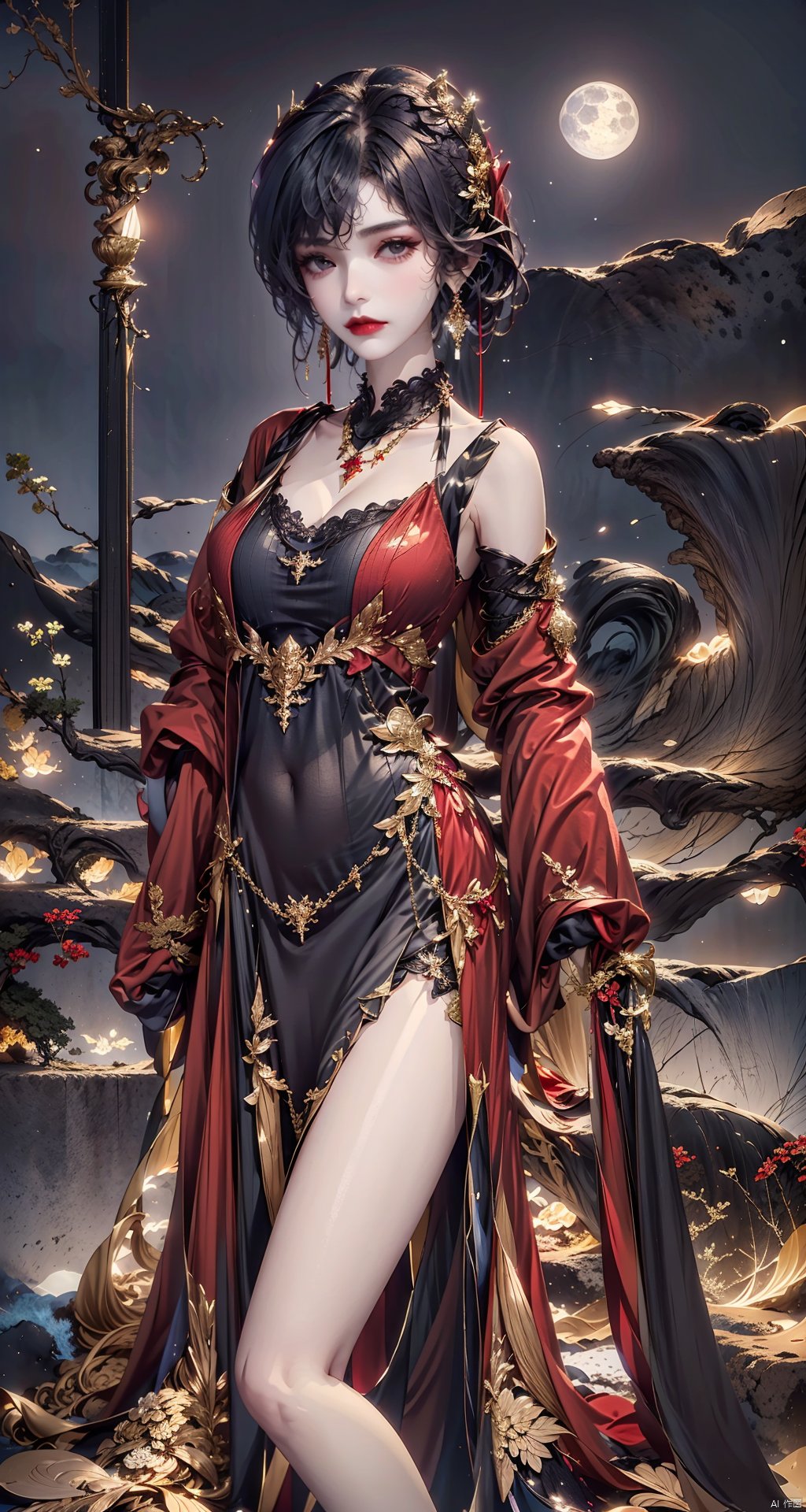 A girl in a bold red power suit,  striking a confident pose with her arms crossed. She wears statement gold earrings and a...