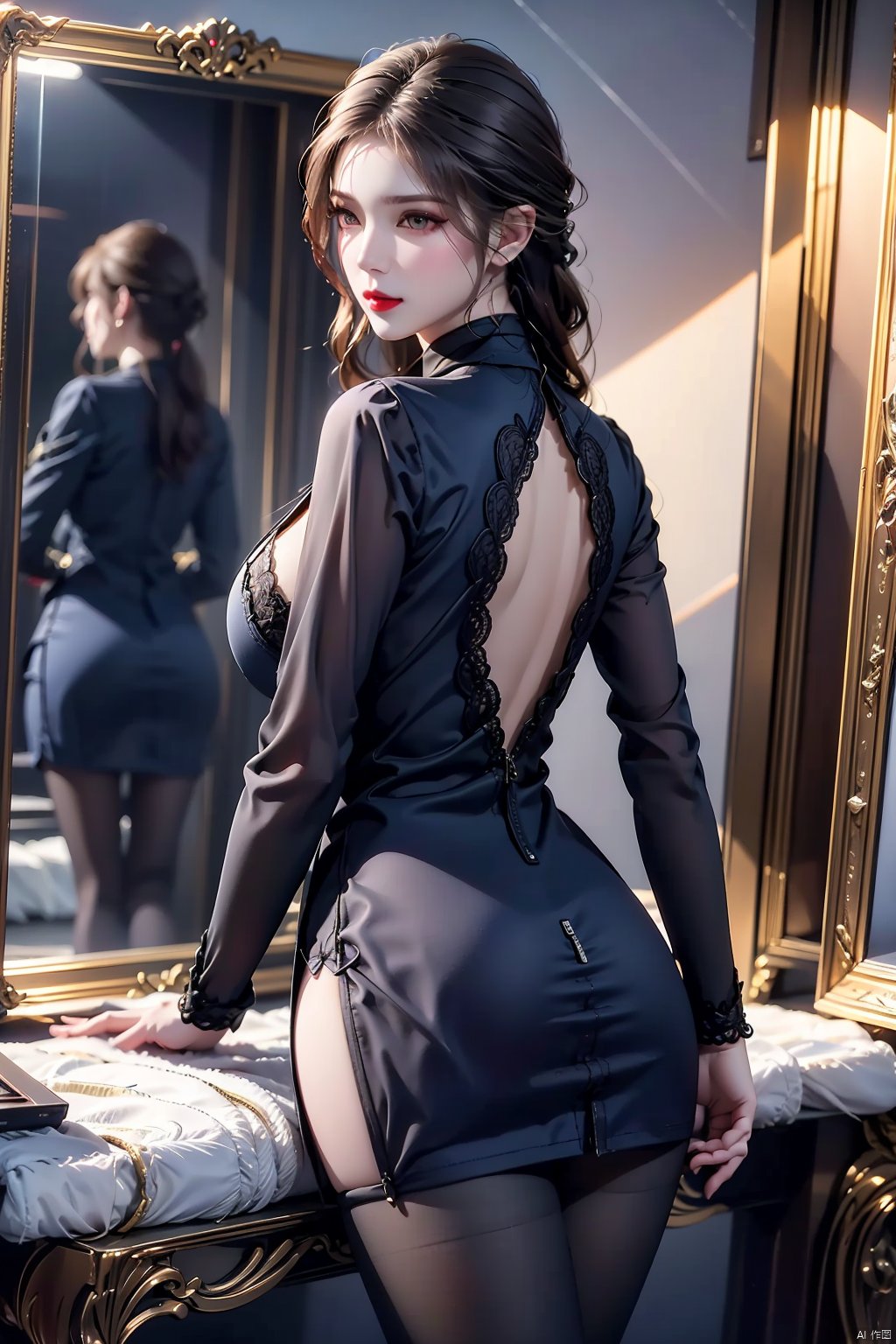 A striking solo figure sits in a dimly lit room,  her long,  dark hair cascading down her back like a waterfall of night....