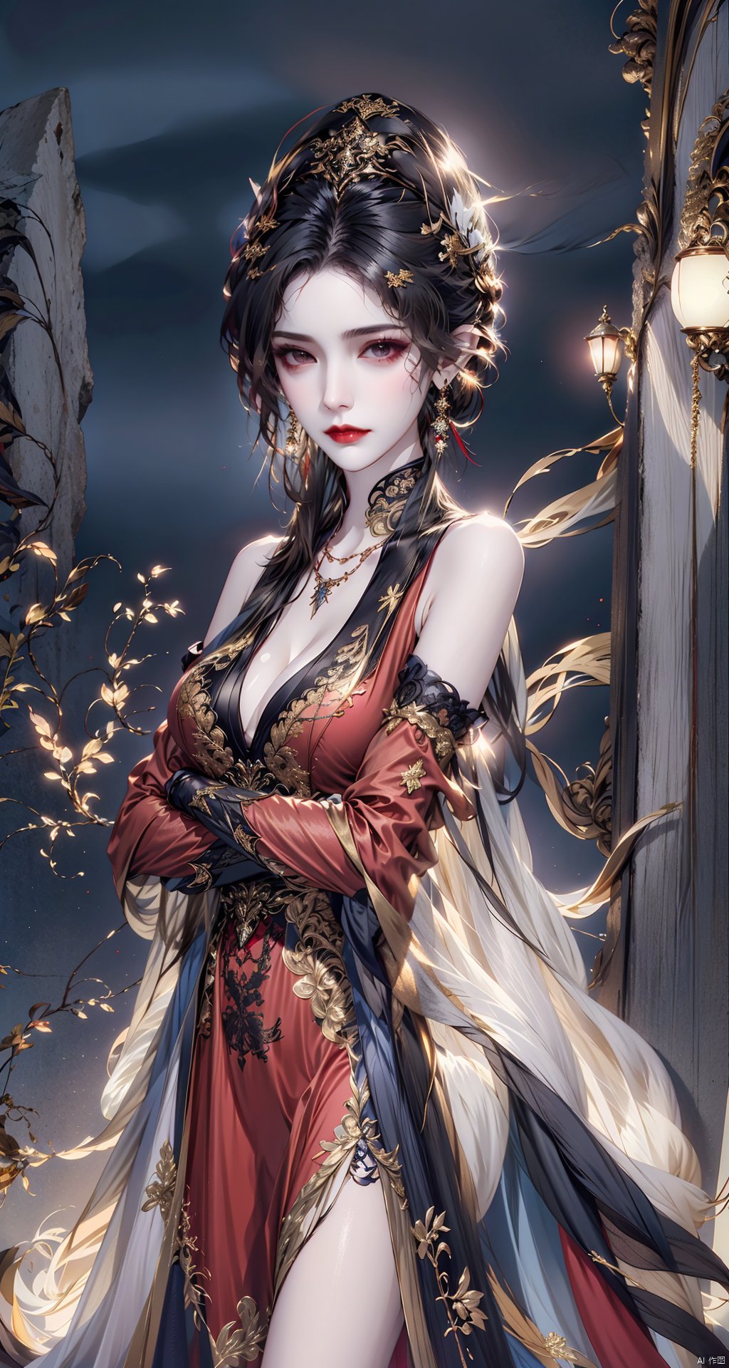 A girl in a bold red power suit,  striking a confident pose with her arms crossed. She wears statement gold earrings and a...