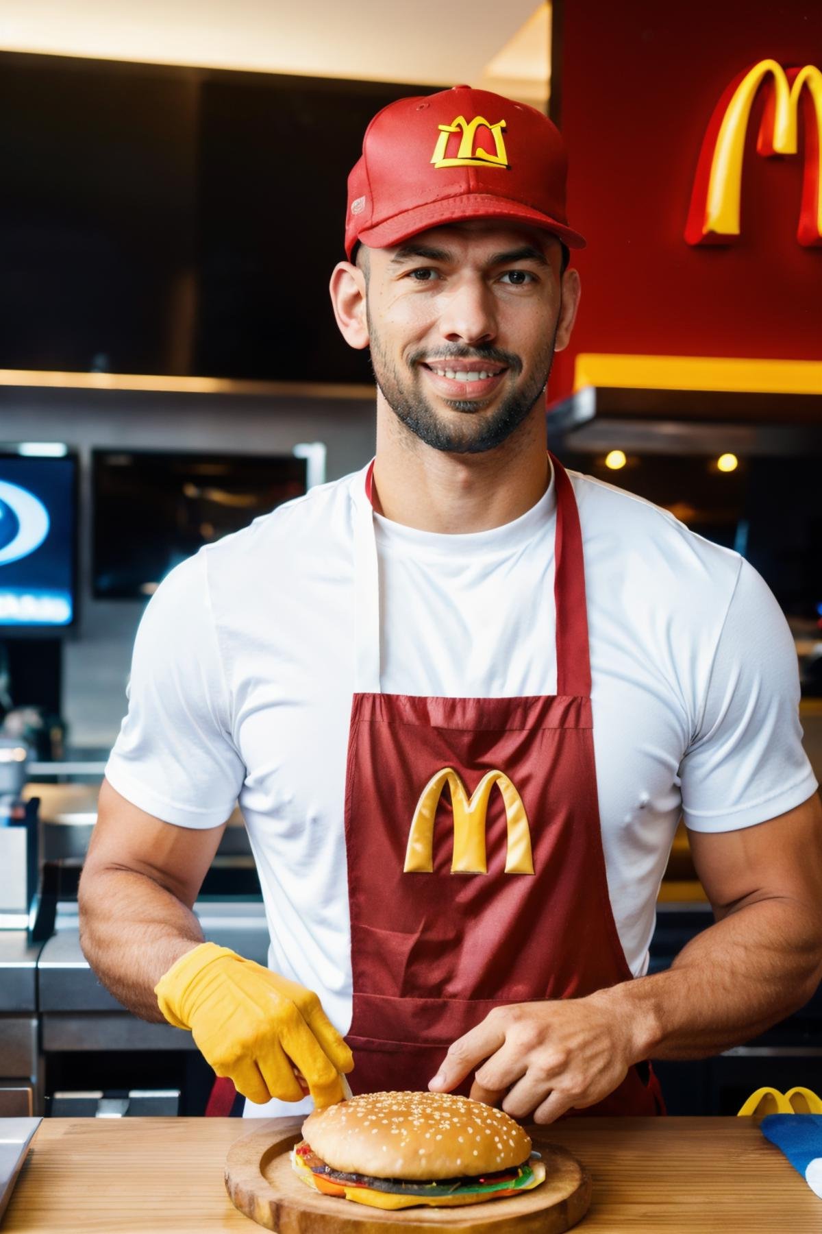 andrewtate, a man, cooking burger at fast food mcdonalds, wearing Mcdonalds employee uniform, mcdonalds cap <lora:andrewtate2:0.7>