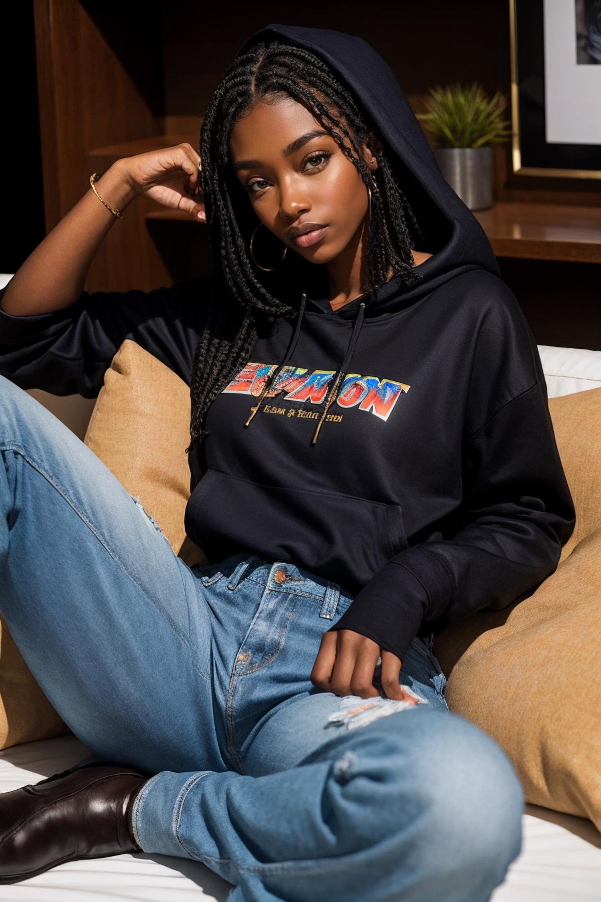 melanin, a woman, sitting on couch, wearing oversized hoodie and jeans <lora:melanin3:0.8>