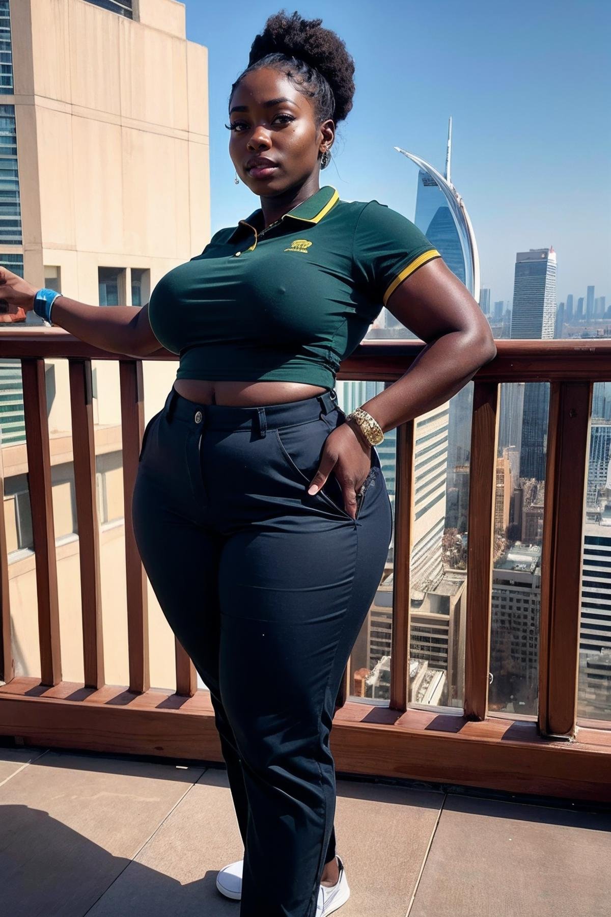 melanin, a woman polo shirt and chino pants,city skyline <lora:melanin3:0.9> curvy , mali, athlete, tribe