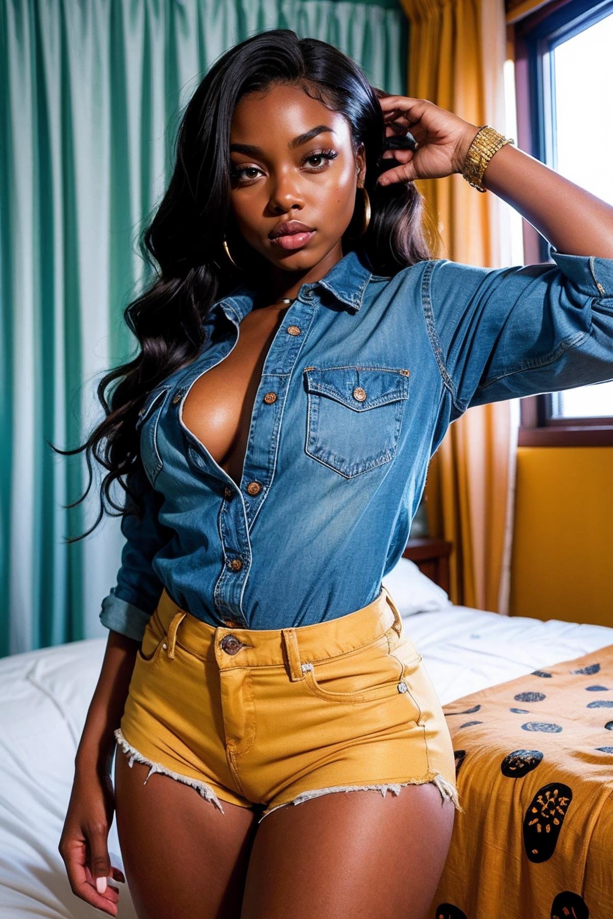 melanin, a woman button shirt and denim shorts,bedroom <lora:melanin3:0.8> thick , haiti, model, animal print