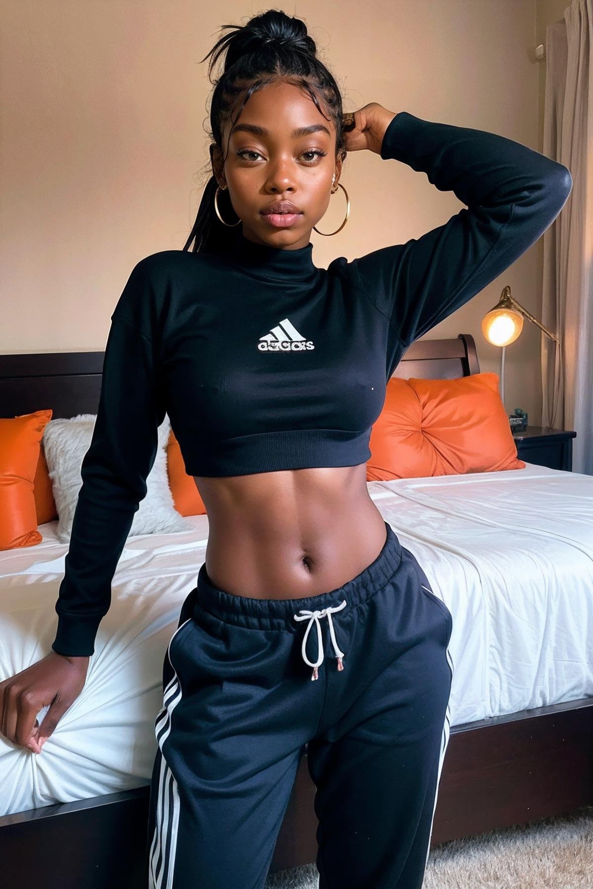 melanin, a woman fleece pullover and track pants,bedroom <lora:melanin3:0.9> thick summer, haiti, model, tribe