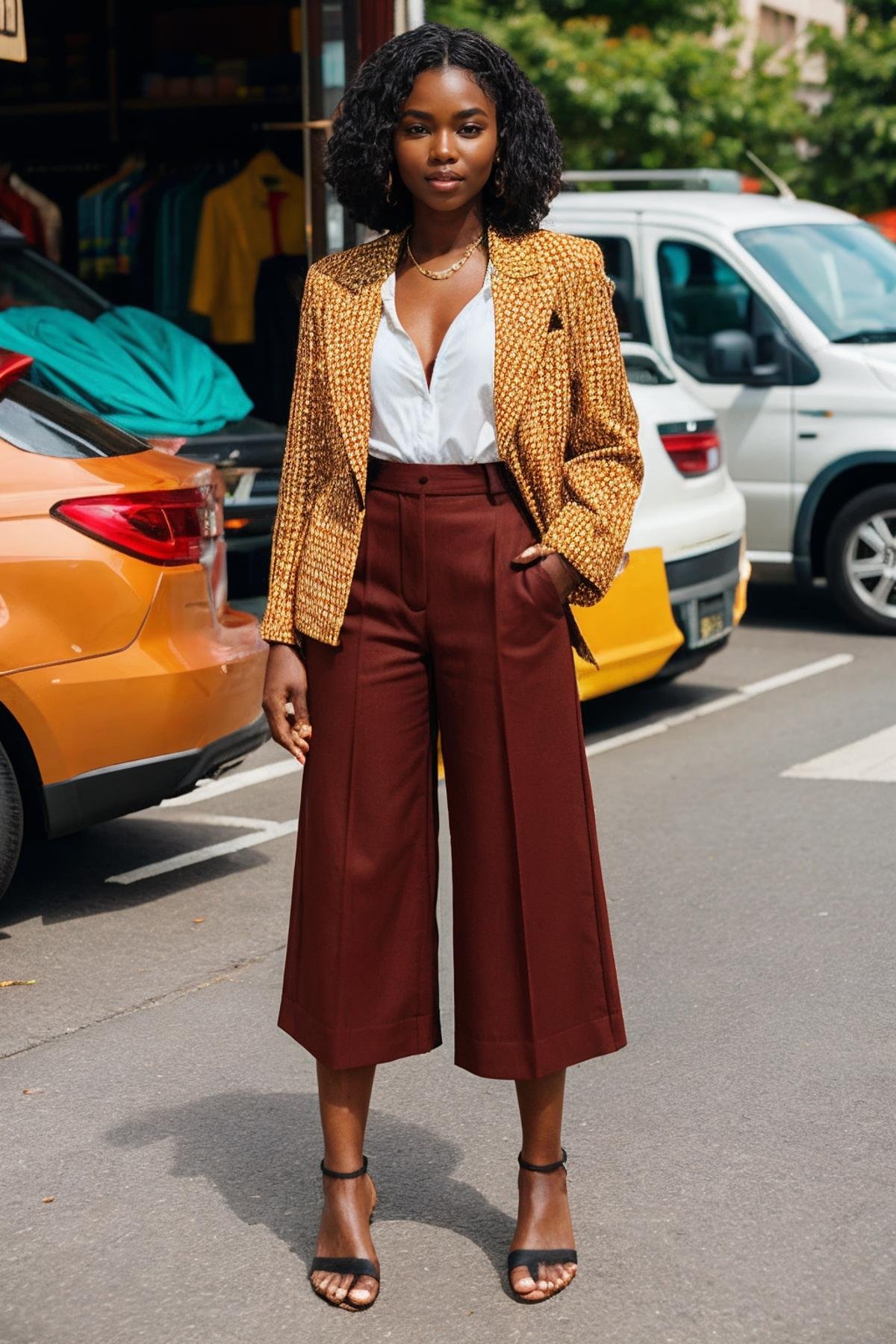 melanin, a woman blazer and culottes,street market <lora:melanin3:0.8>