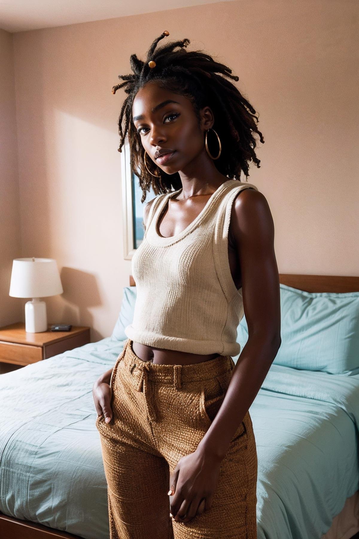 melanin, a woman quilted vest and skinny trousers,bedroom <lora:melanin3:0.9>  windswept dunes, , model, ethnic