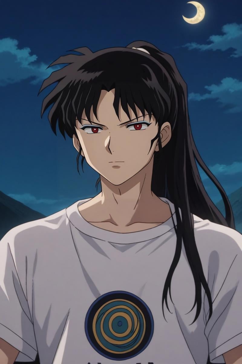 score_9, score_8_up, score_7_up, source_anime, rating_safe, , anime screencap, , , looking at viewer, , 1boy, solo, male focus, <lora:naraku_inuyasha_pony:0.94>, naraku_inuyasha, black hair, red eyes, long hair, bangs, ponytail, upper body, stonehenge, night, crescent moon, outstretched arms, squinting, t-shirt dress, panama hat, <lora:sdxl_lightning_8step_lora:1>