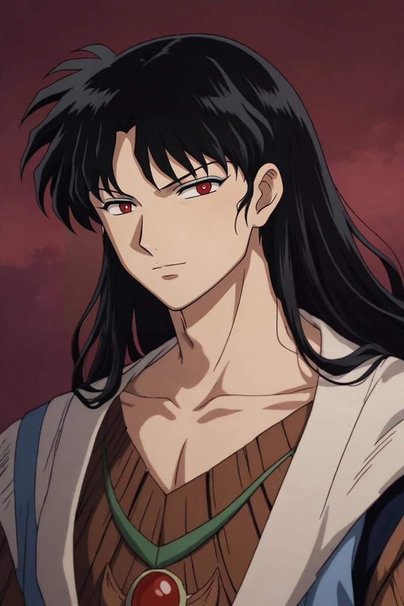 score_9, score_8_up, score_7_up, source_anime, rating_safe, intricate details, (realistic:0.6), looking at viewer, , 1boy, solo, male focus, <lora:naraku_inuyasha_pony:1>, naraku_inuyasha, black hair, red eyes, long hair, bangs, , , timber costume, <lora:sdxl_lightning_8step_lora:1>