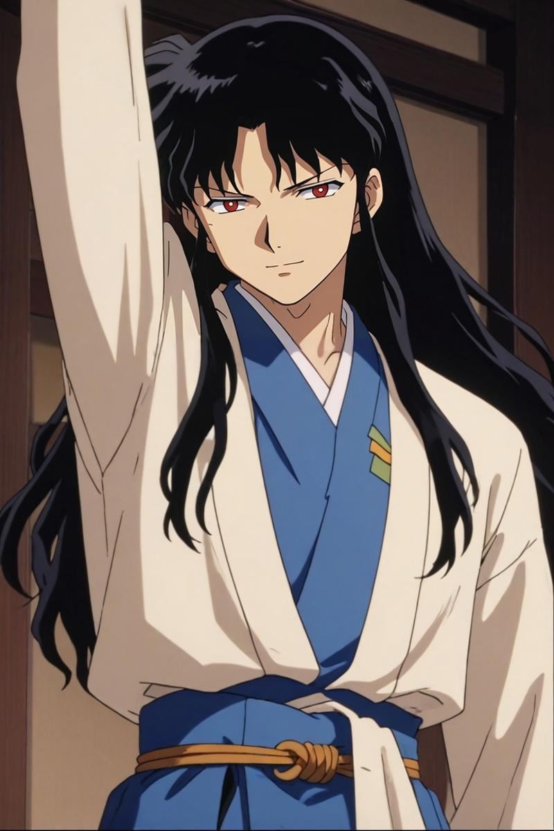 score_9, score_8_up, score_7_up, source_anime, rating_safe, , anime screencap, , official style, looking at viewer, , 1boy, solo, male focus, <lora:naraku_inuyasha_pony:0.76>, naraku_inuyasha, black hair, red eyes, long hair, bangs, , wide angle, wide shot, cowboy shot, dock, indoors, dark, stretching, half-closed eyes, smile, , <lora:sdxl_lightning_8step_lora:1>