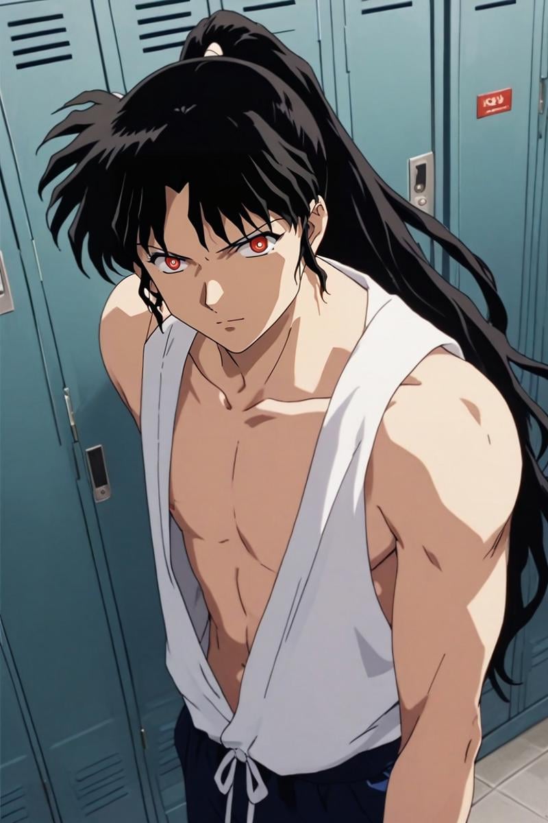 score_9, score_8_up, score_7_up, source_anime, rating_safe, , semi-realistic, looking at viewer, depth of field, 1boy, solo, male focus, <lora:naraku_inuyasha_pony:0.96>, naraku_inuyasha, black hair, red eyes, long hair, bangs, ponytail, from above, locker room, midnight, stretching, sparkling eyes, , <lora:sdxl_lightning_8step_lora:1>