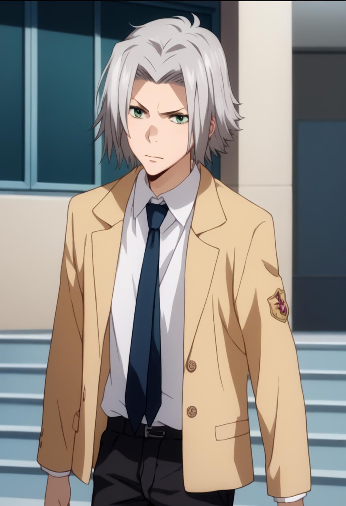 Prompt: score_9, score_8_up, score_7_up, score_6_up, highly detailed, masterpiece, best quality,detailed,intricate details, amazing quality, best aesthetic, absurdres,source_anime,hayato gokudera, grey hair, green eyes, SCHOOL UNIFORM, brown jacket white shirt, necktie, black pants, ,score_9<lora:EMS-391469-EMS:1.000000>