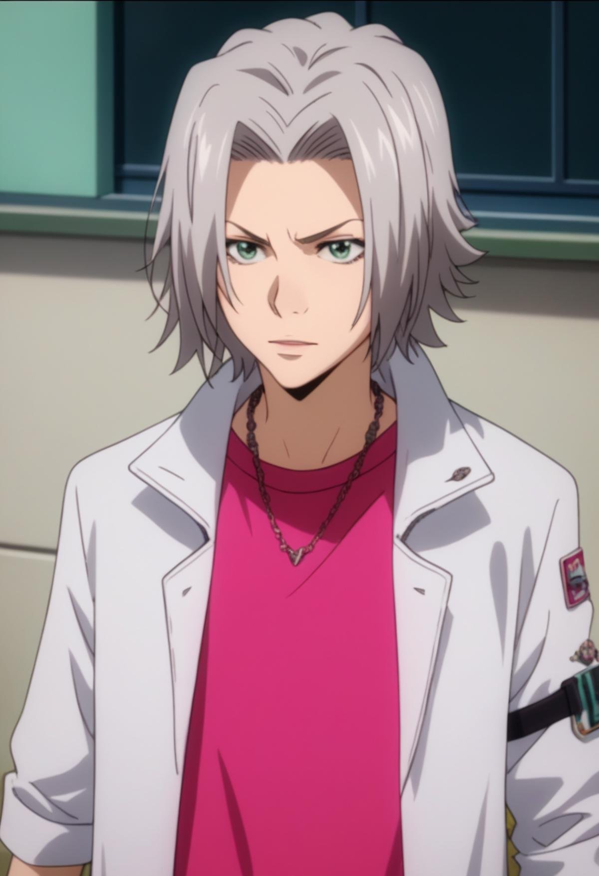 Prompt: score_9, score_8_up, score_7_up, score_6_up, highly detailed, masterpiece, best quality,detailed,intricate details, amazing quality, best aesthetic, absurdres,source_anime,hayato gokudera, grey hair, green eyes, white jacket, pink shirt, wristband<lora:EMS-391469-EMS:1.000000>