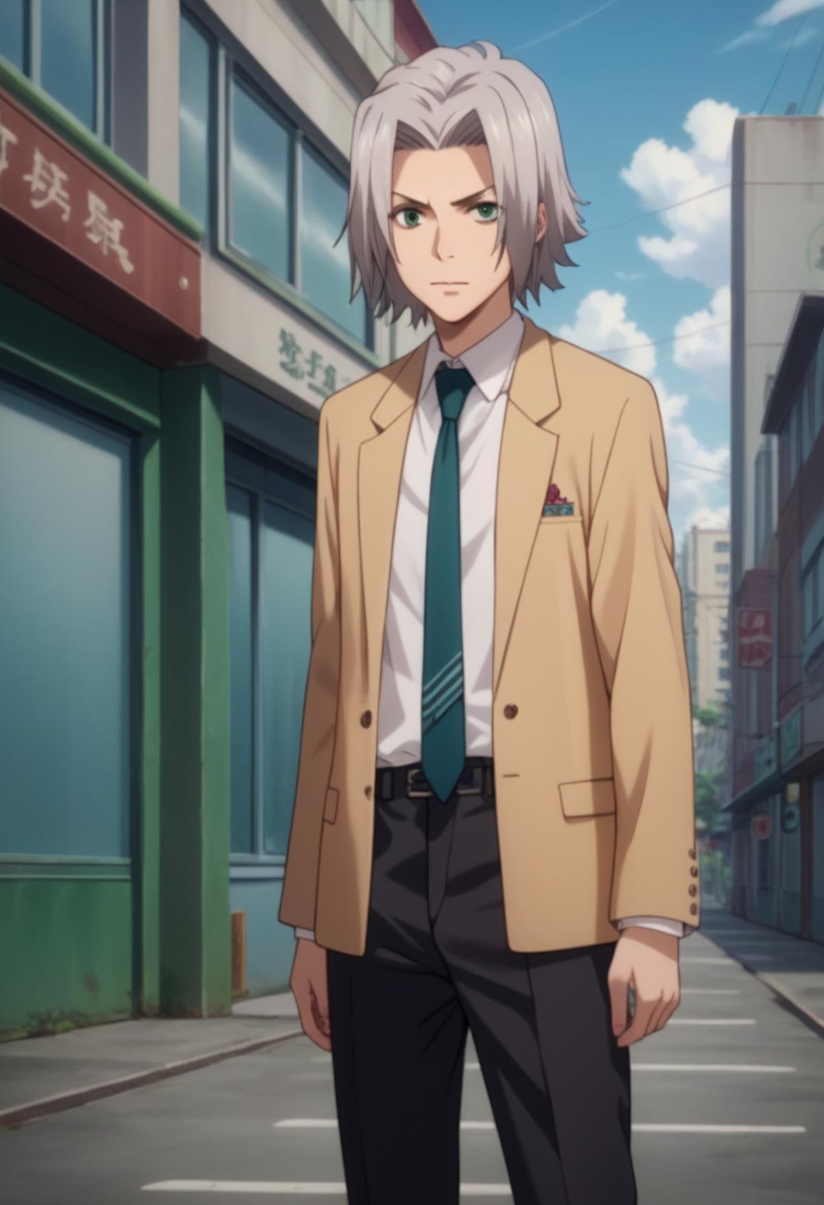 Prompt: score_9, score_8_up, score_7_up, score_6_up, highly detailed, masterpiece, best quality,detailed,intricate details, amazing quality, best aesthetic, absurdres,source_anime,hayato gokudera, grey hair, green eyes, SCHOOL UNIFORM, brown jacket white shirt, necktie, black pants<lora:EMS-391469-EMS:1.000000>