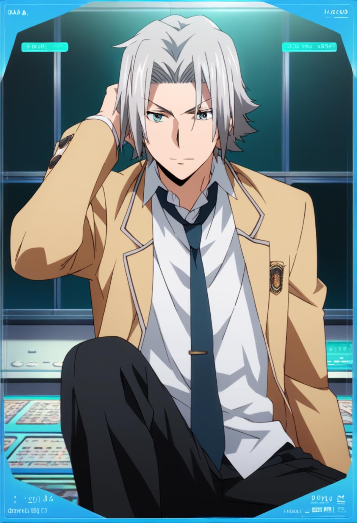 Prompt: score_9, score_8_up, score_7_up, score_6_up, highly detailed, masterpiece, best quality,detailed,intricate details, amazing quality, best aesthetic, absurdres,source_anime,hayato gokudera, grey hair, green eyes, SCHOOL UNIFORM, brown jacket white shirt, necktie, black pants<lora:EMS-391469-EMS:1.000000>