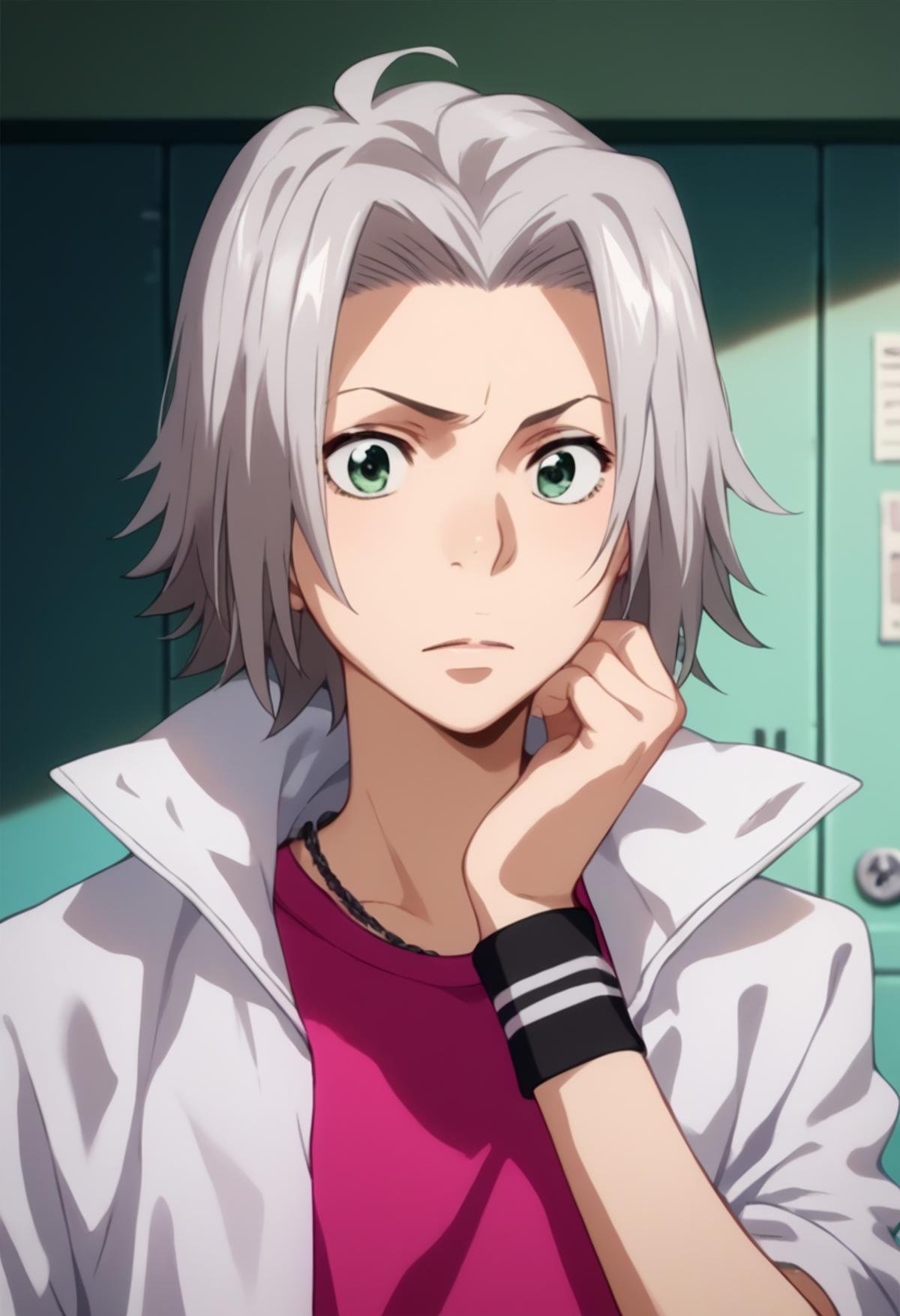 score_9, score_8_up, score_7_up, score_6_up, highly detailed, masterpiece, best quality,detailed,intricate details, amazing quality, best aesthetic, absurdres,source_anime,hayato gokudera, grey hair, green eyes, white jacket, pink shirt, wristband<lora:EMS-391469-EMS:1.000000>