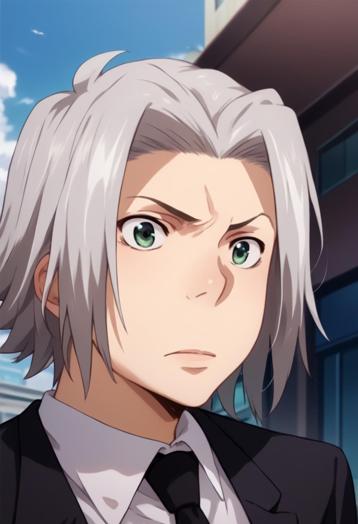 score_9, score_8_up, score_7_up, score_6_up, highly detailed, masterpiece, best quality,detailed,intricate details, amazing quality, best aesthetic, absurdres,source_anime,,hayato gokudera, grey hair, green eyes, black NECKTIE, FORMAL, SUIT<lora:EMS-391469-EMS:1.000000>