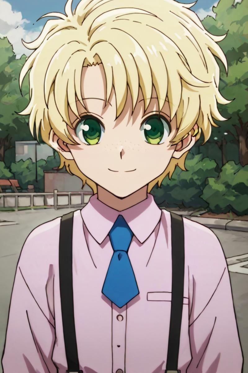 score_9,score_8_up,score_7_up,source_anime,1boy, solo,looking at viewer, list,blonde hair,green eyes,freckles,suspender,necktie,freckles, smile, outdoors, standing<lora:EMS-398599-EMS:0.800000>