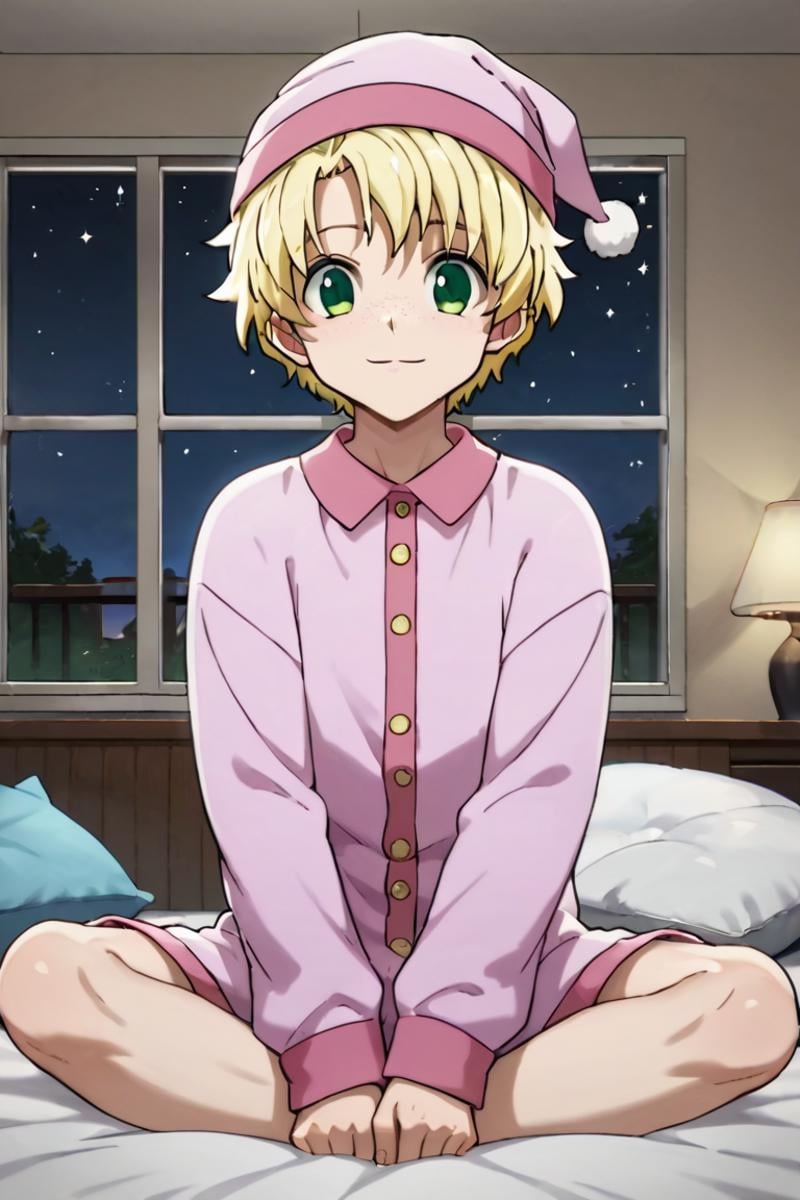 score_9,score_8_up,score_7_up,source_anime,1boy, solo,looking at viewer, list,blonde hair,green eyes,freckles,suspender,pajama, bedroom,bed, sitting on bex, window, night, star_(sky), indoors, hug pillow,nightcap, dark<lora:EMS-398599-EMS:0.800000>