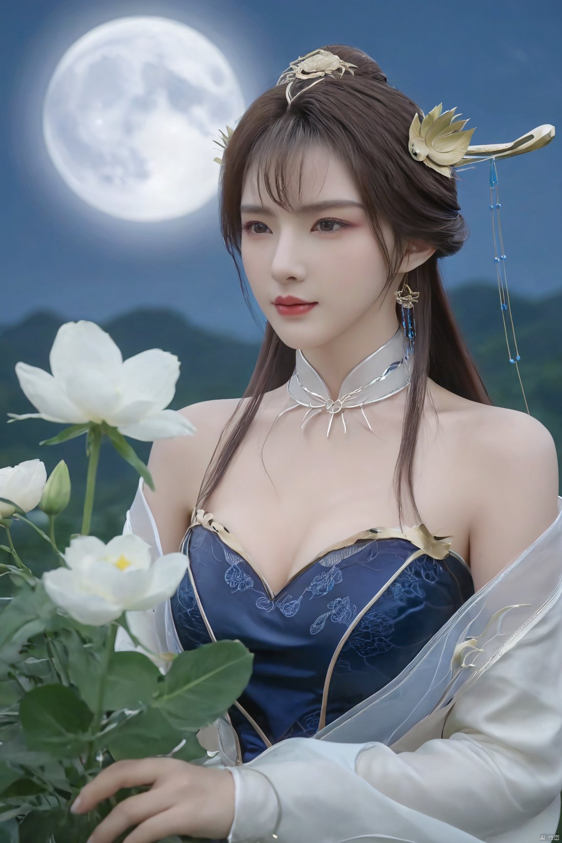 masterpiece,(best quality),1girl,Xtianqiong,flower,(big breasts:1.29),full moon, 